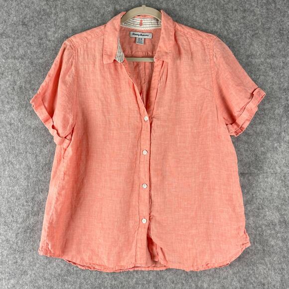 Tommy Bahama Linen Top Womens Medium Orange Blouse Short Sleeve Coastal Beachy - Picture 1 of 12
